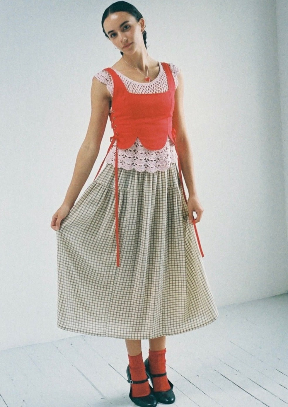 Calyx Skirt, Brown Grid Silk