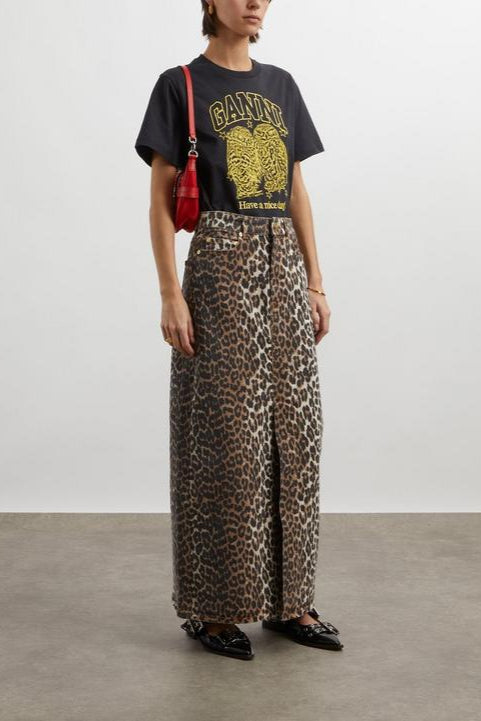 Leopard Denim Maxi Slit Skirt