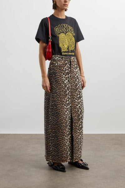 Leopard Denim Maxi Slit Skirt