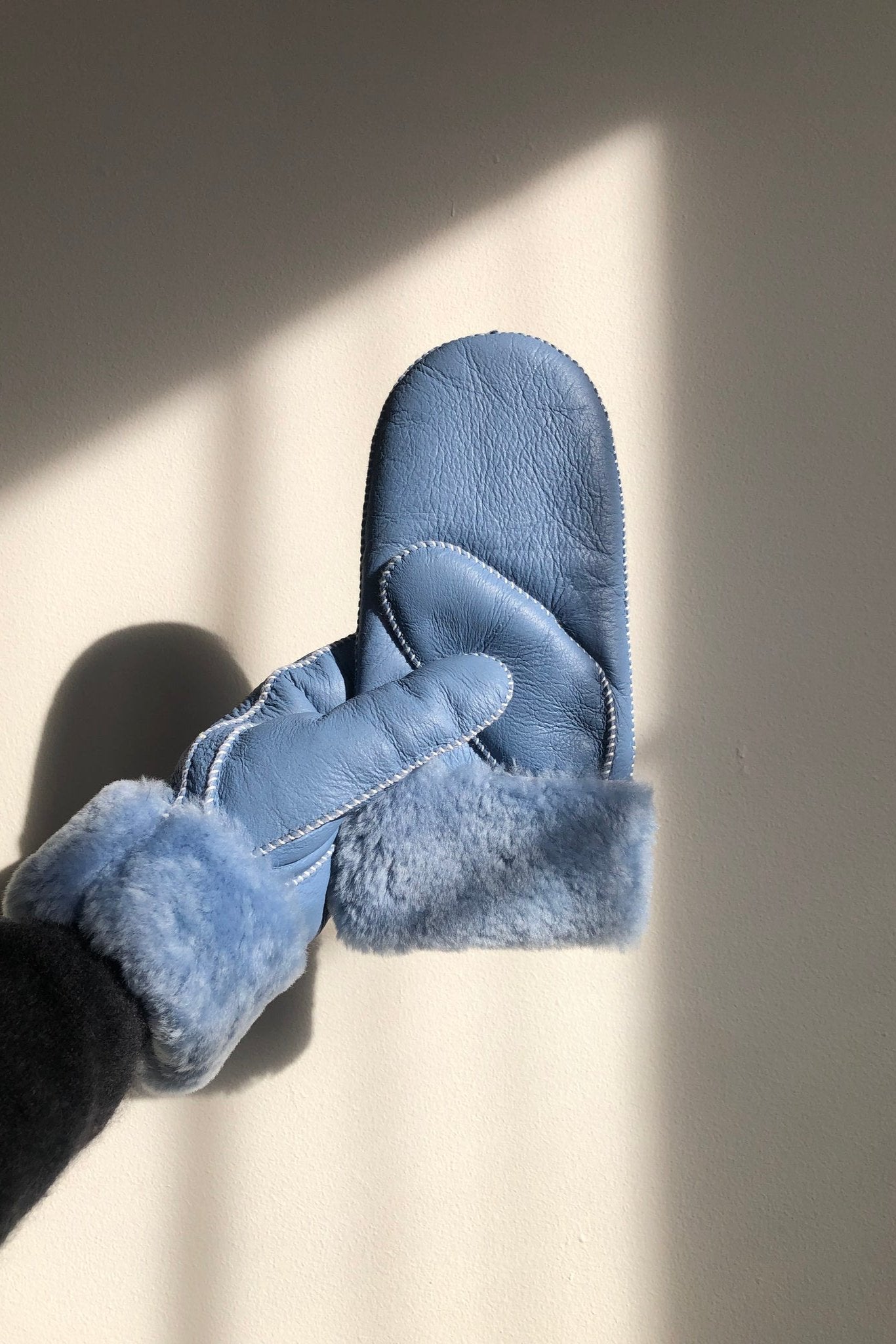 Shearling Mittens, Dusty Blue