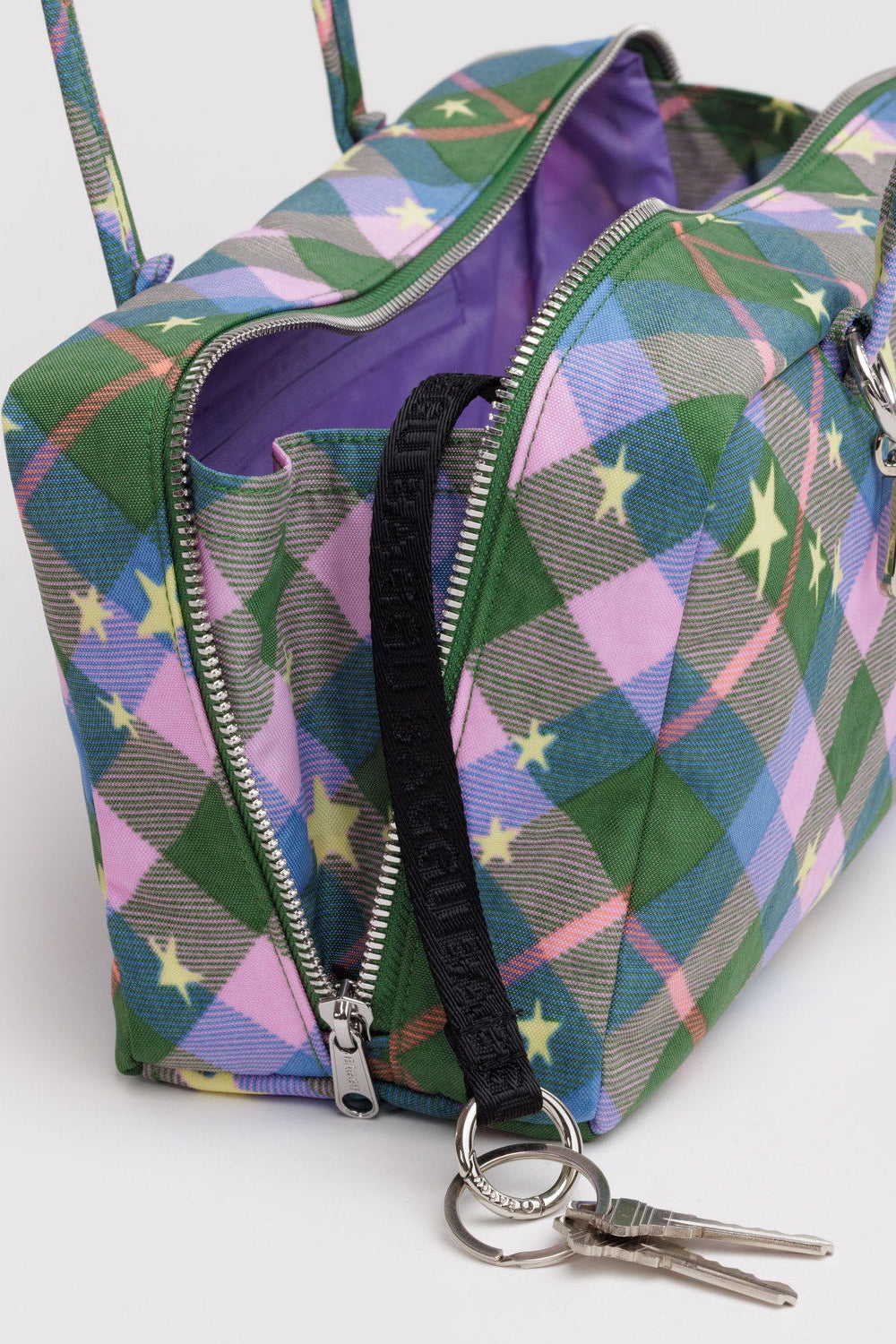 Nylon Bowler Bag, Green Star Plaid