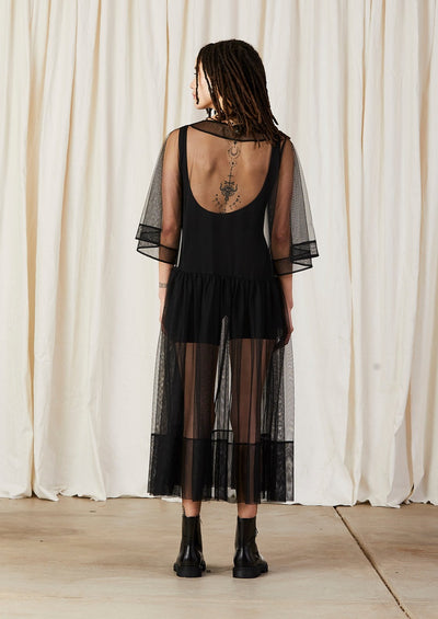 Side Ruffle Mesh Dress, Black