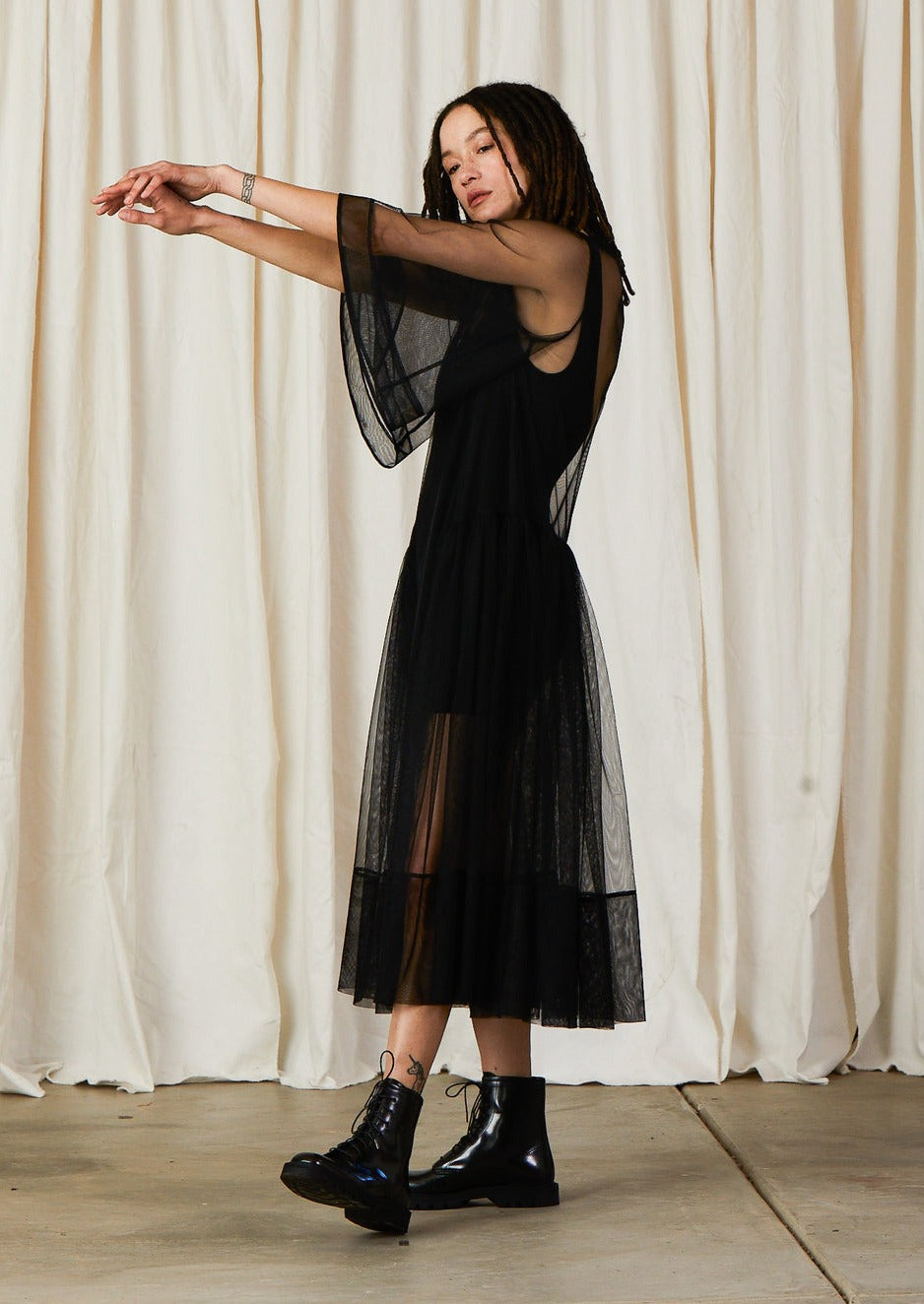 Side Ruffle Mesh Dress, Black