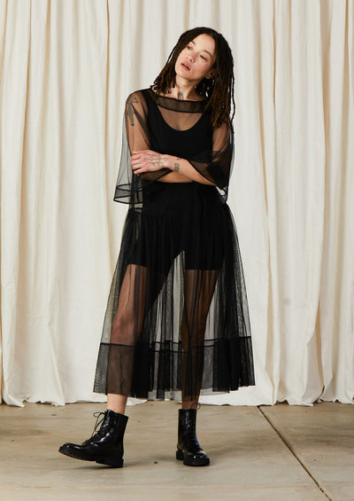 Side Ruffle Mesh Dress, Black
