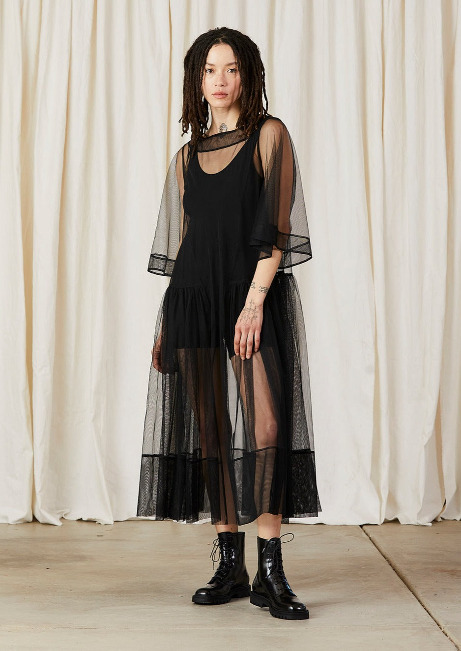 Side Ruffle Mesh Dress, Black