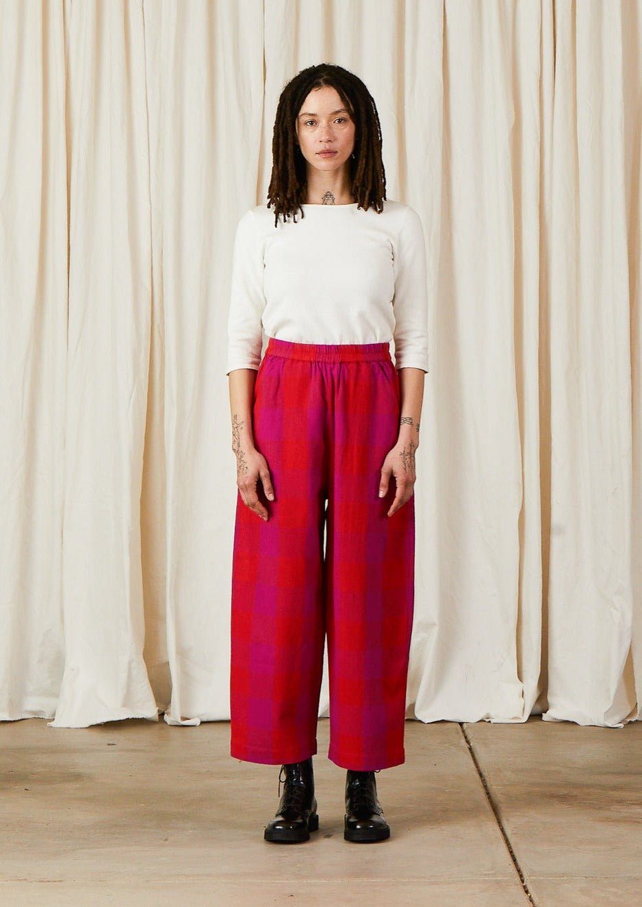 Elastic Raw Silk Pant, Poppy Plaid