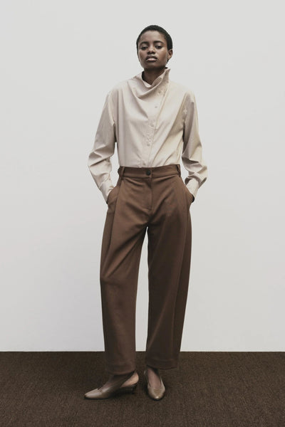Pleated Barrel Leg Pants, Brown