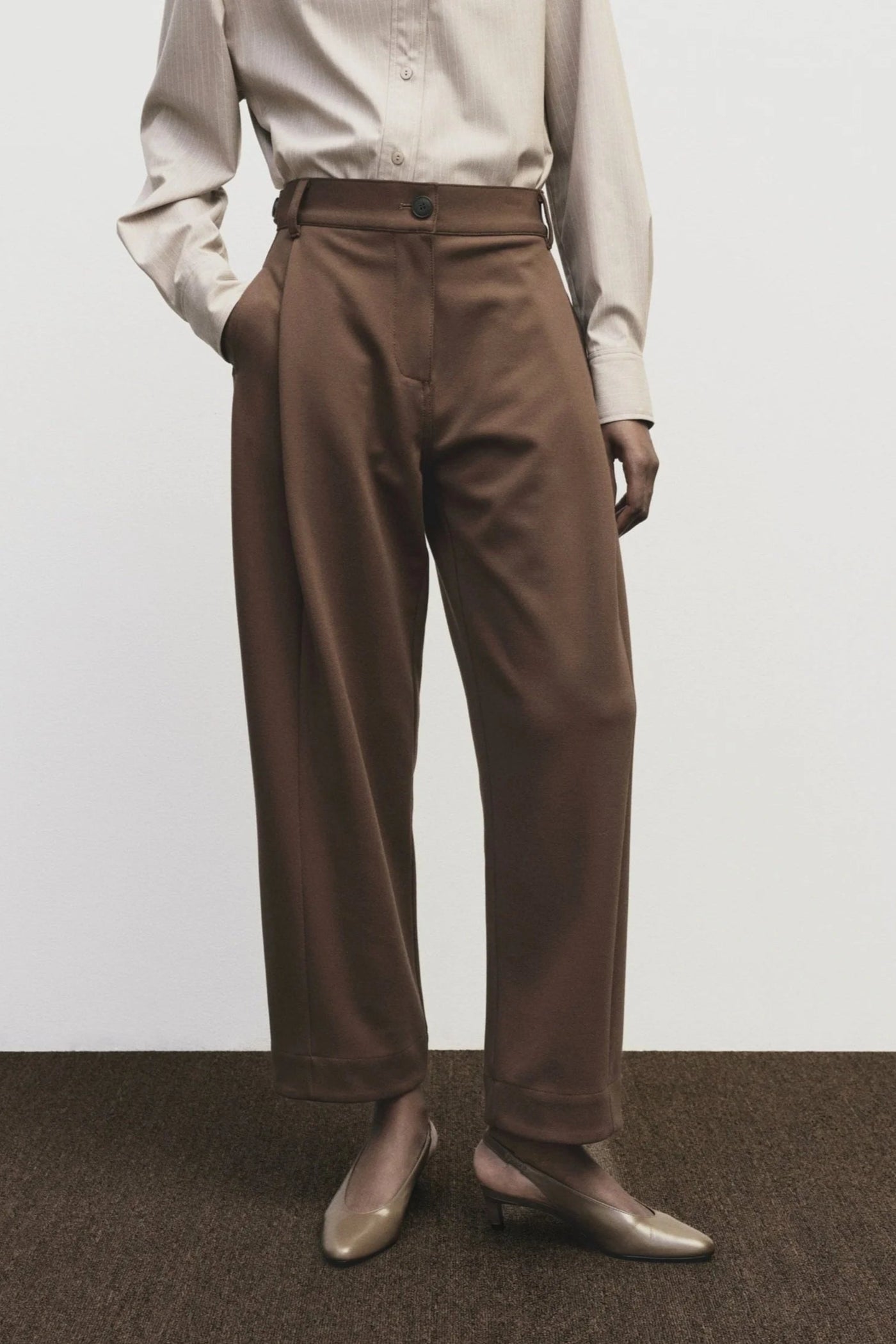 Pleated Barrel Leg Pants, Brown