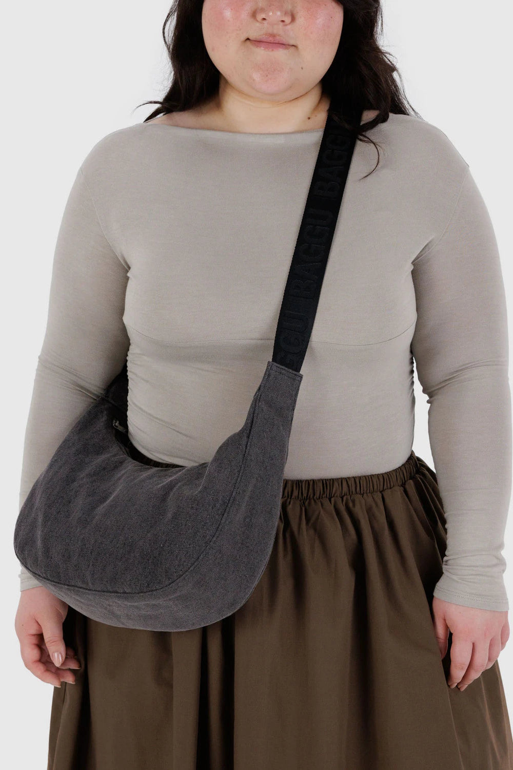 Medium Denim Crescent Bag, Washed Black