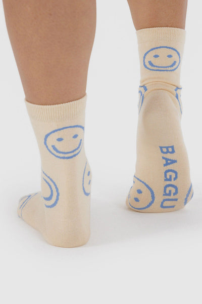 Crew Socks, Ecru Periwinkle Happy
