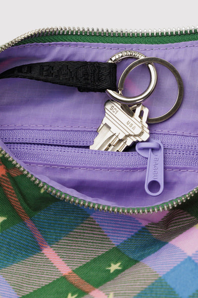 Small Nylon Crescent Bag, Green Star Plaid