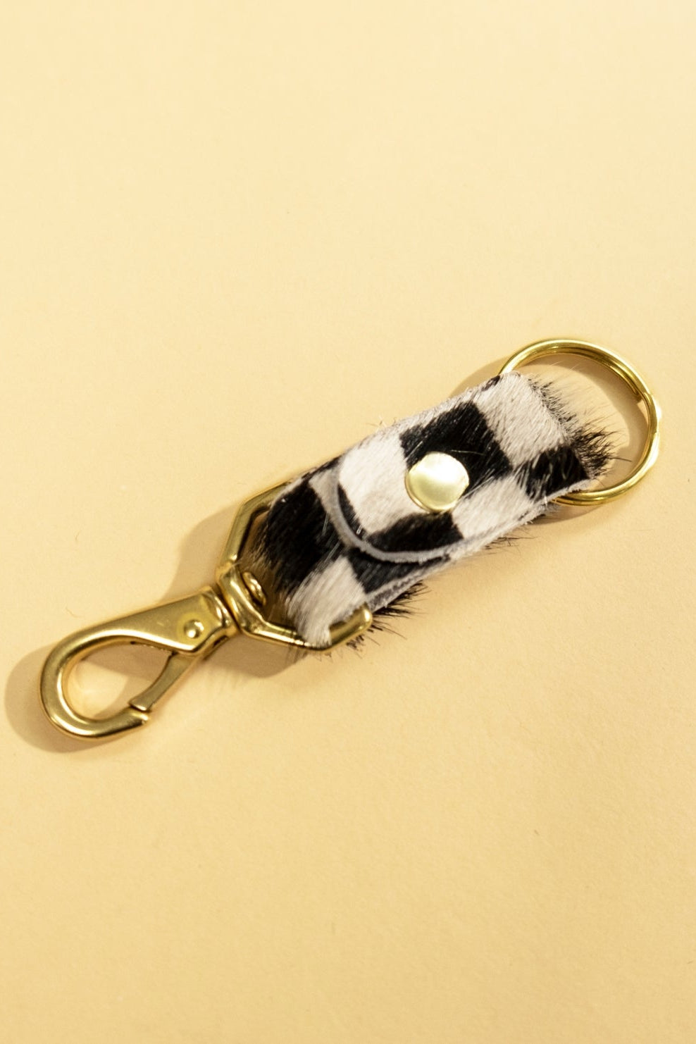 Cowhide Keychain, White Checks