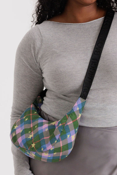Small Nylon Crescent Bag, Green Star Plaid