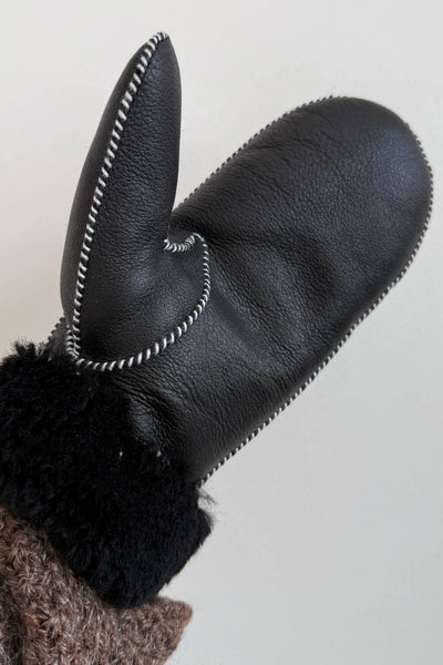 Shearling Mittens, Black & White Stitch