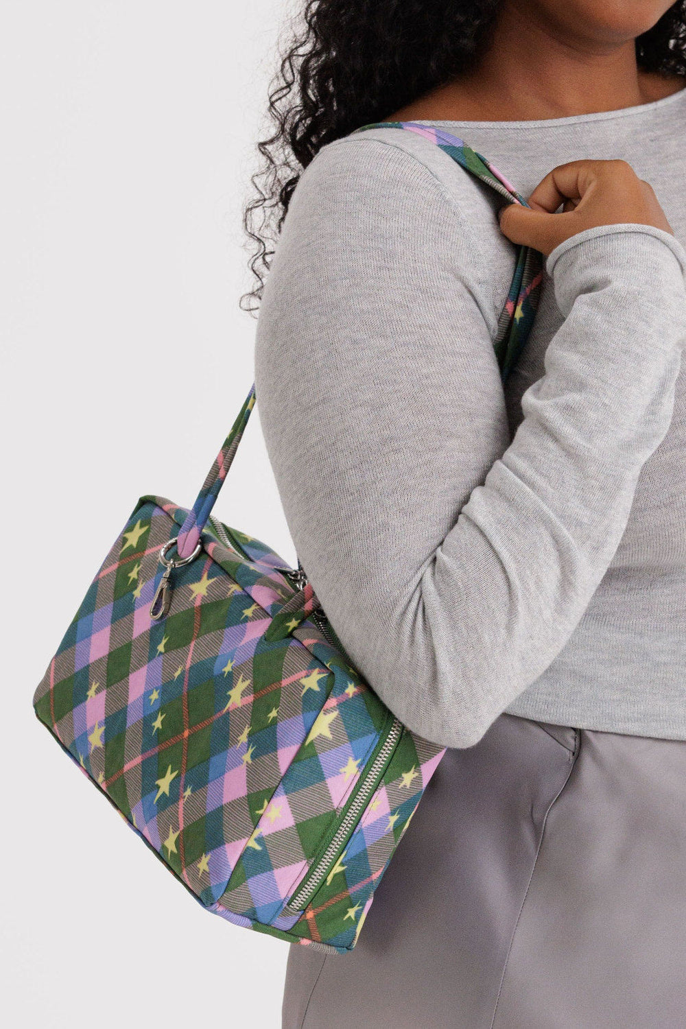 Nylon Bowler Bag, Green Star Plaid