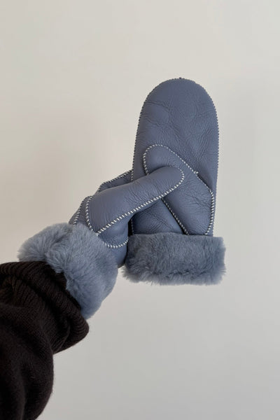 Shearling Mittens, Dusty Blue