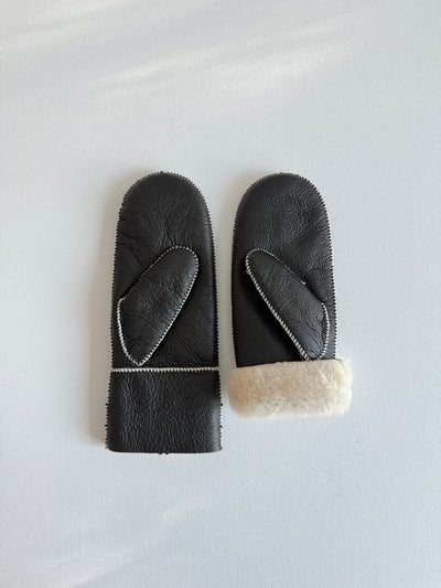 Shearling Mittens, Black & White Stitch