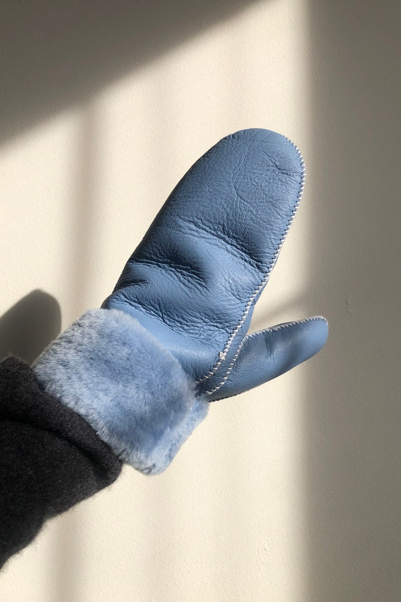 Shearling Mittens, Dusty Blue