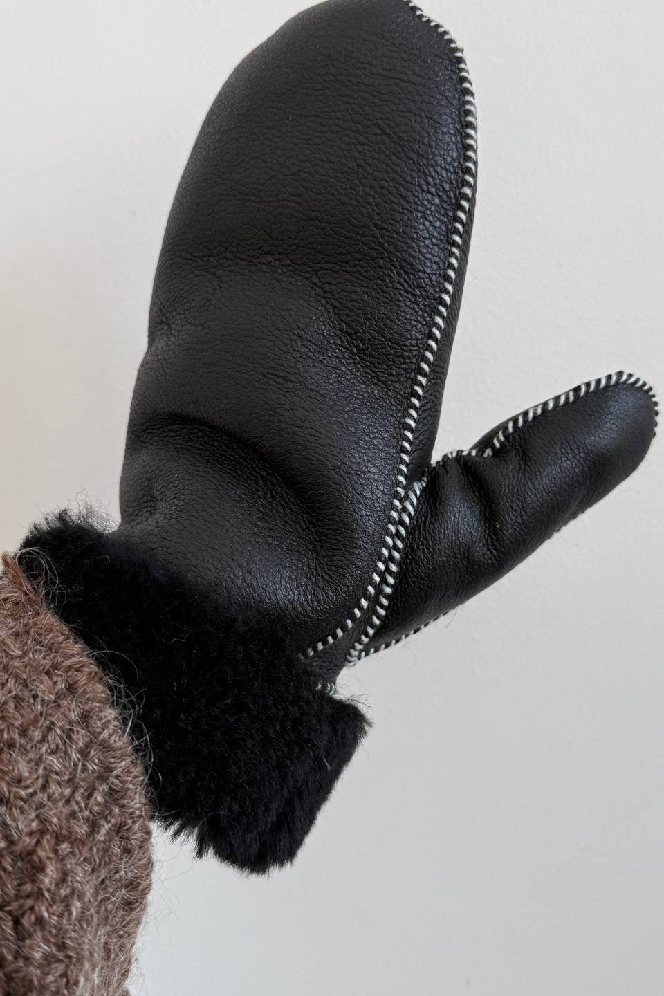 Shearling Mittens, Black & White Stitch