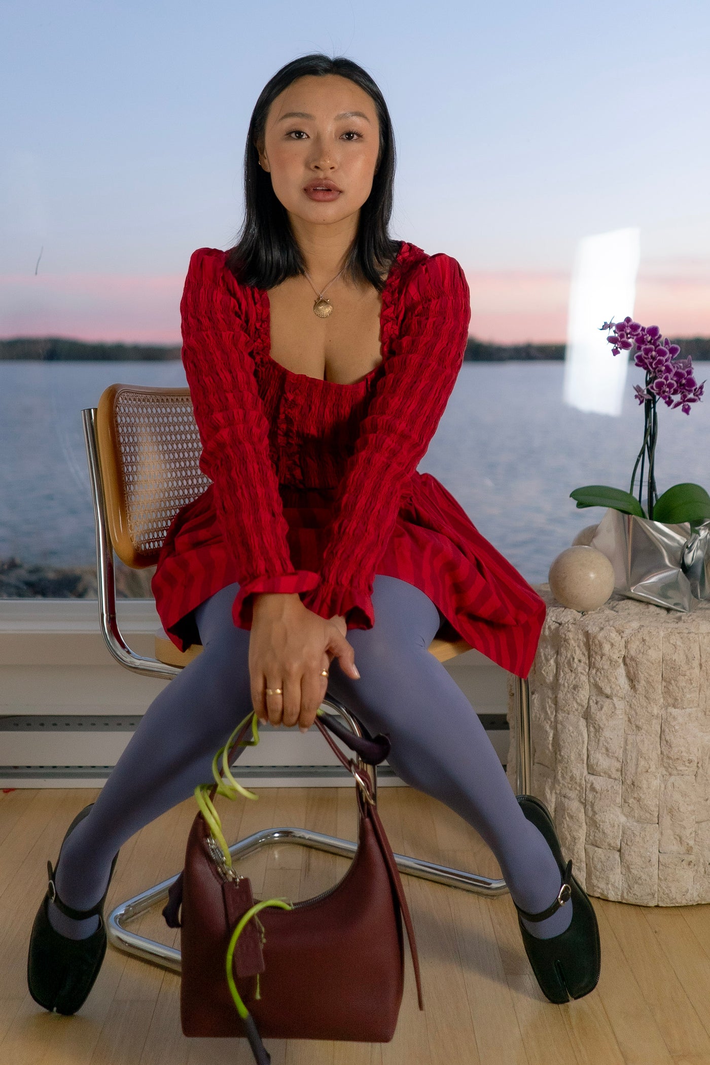 Bronze Scallop Shell, Lilac Silk Cord