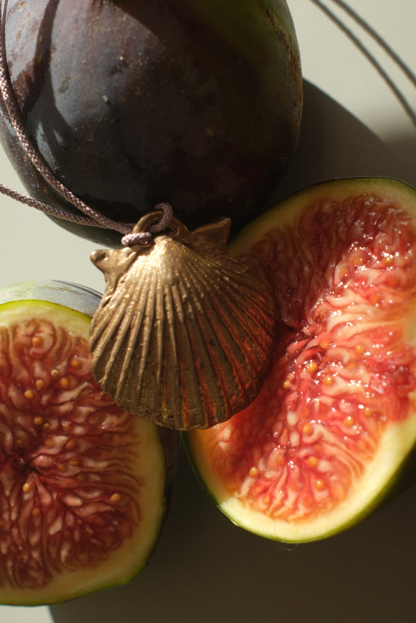 Bronze Scallop Shell, Lilac Silk Cord