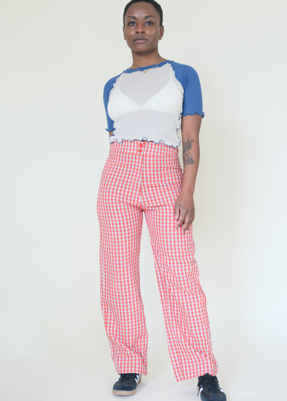 Raw Silk Fly-Front Pant, Poppy Ice Gingham