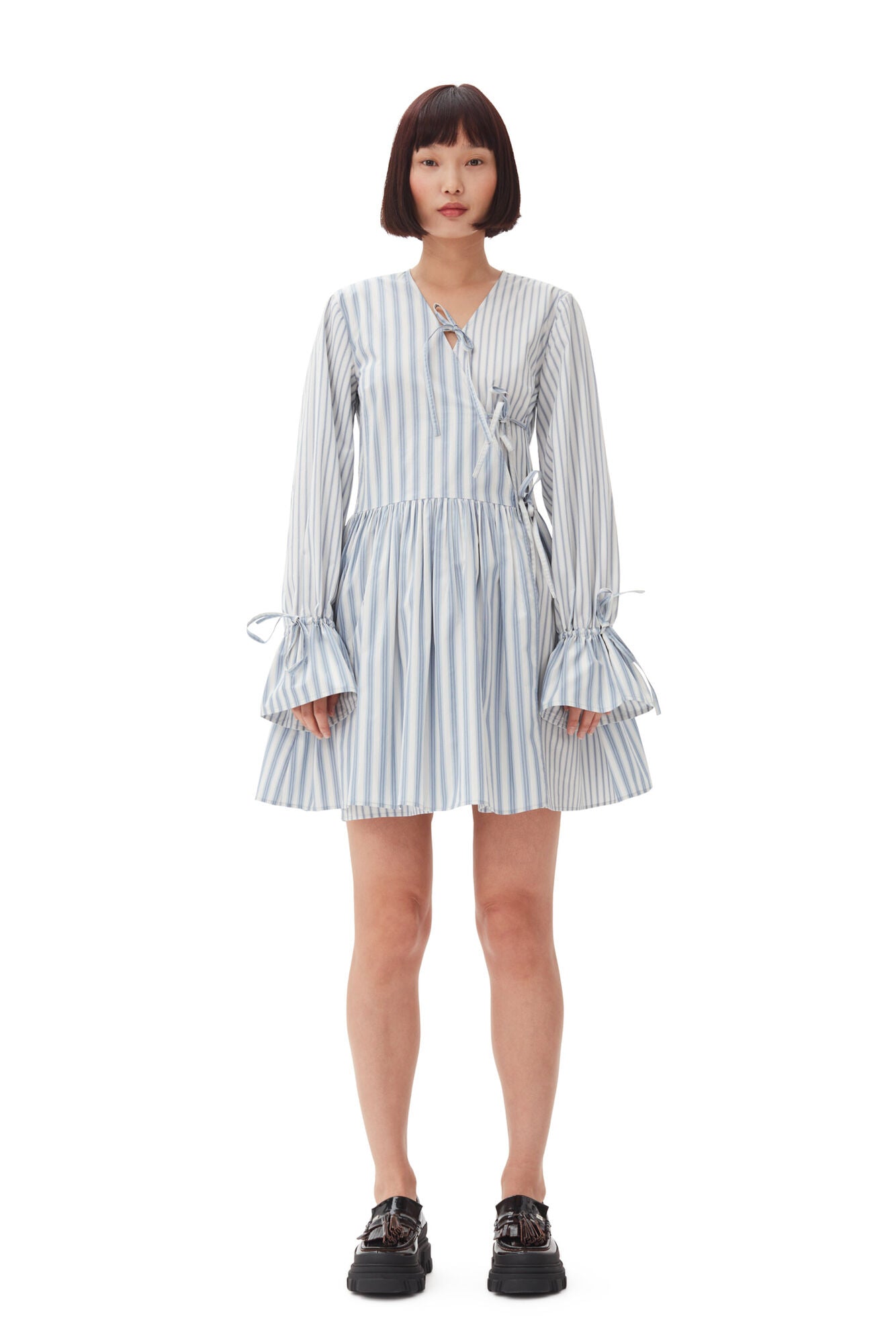 Blue Stripe Cotton Mini Wrap Dress