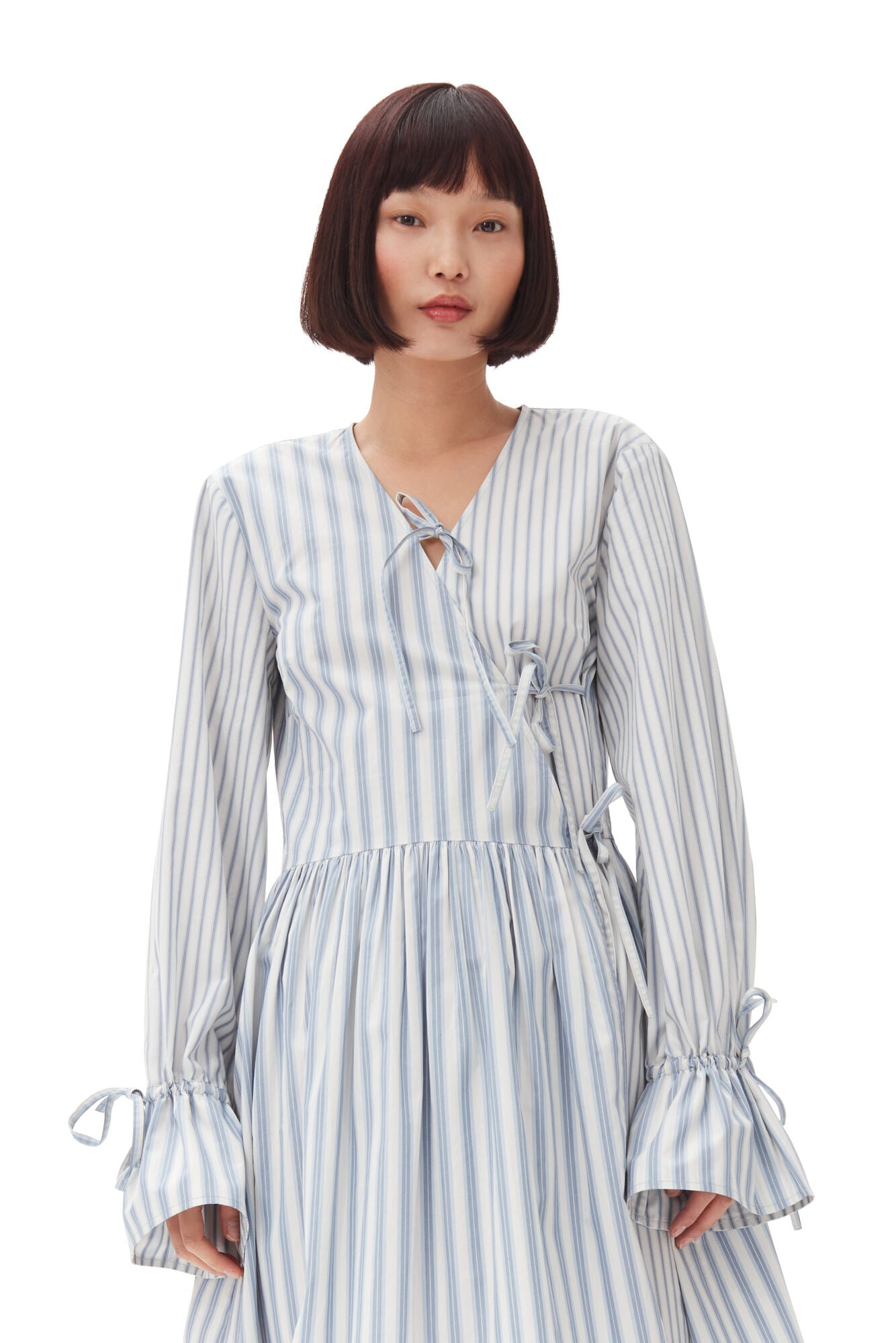 Blue Stripe Cotton Mini Wrap Dress