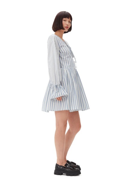 Blue Stripe Cotton Mini Wrap Dress