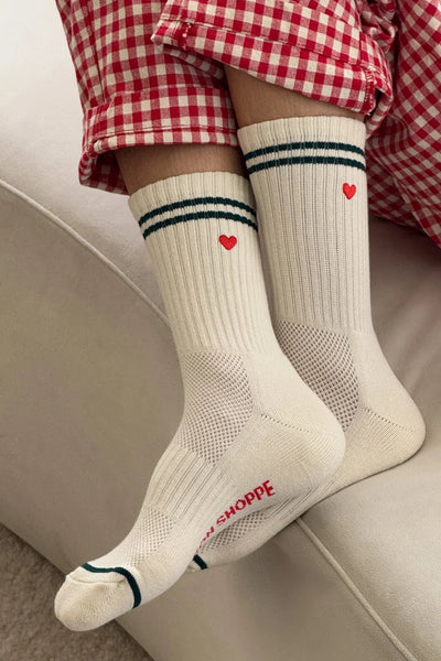 Embroidered Boyfriend Sock, Parchment + Heart