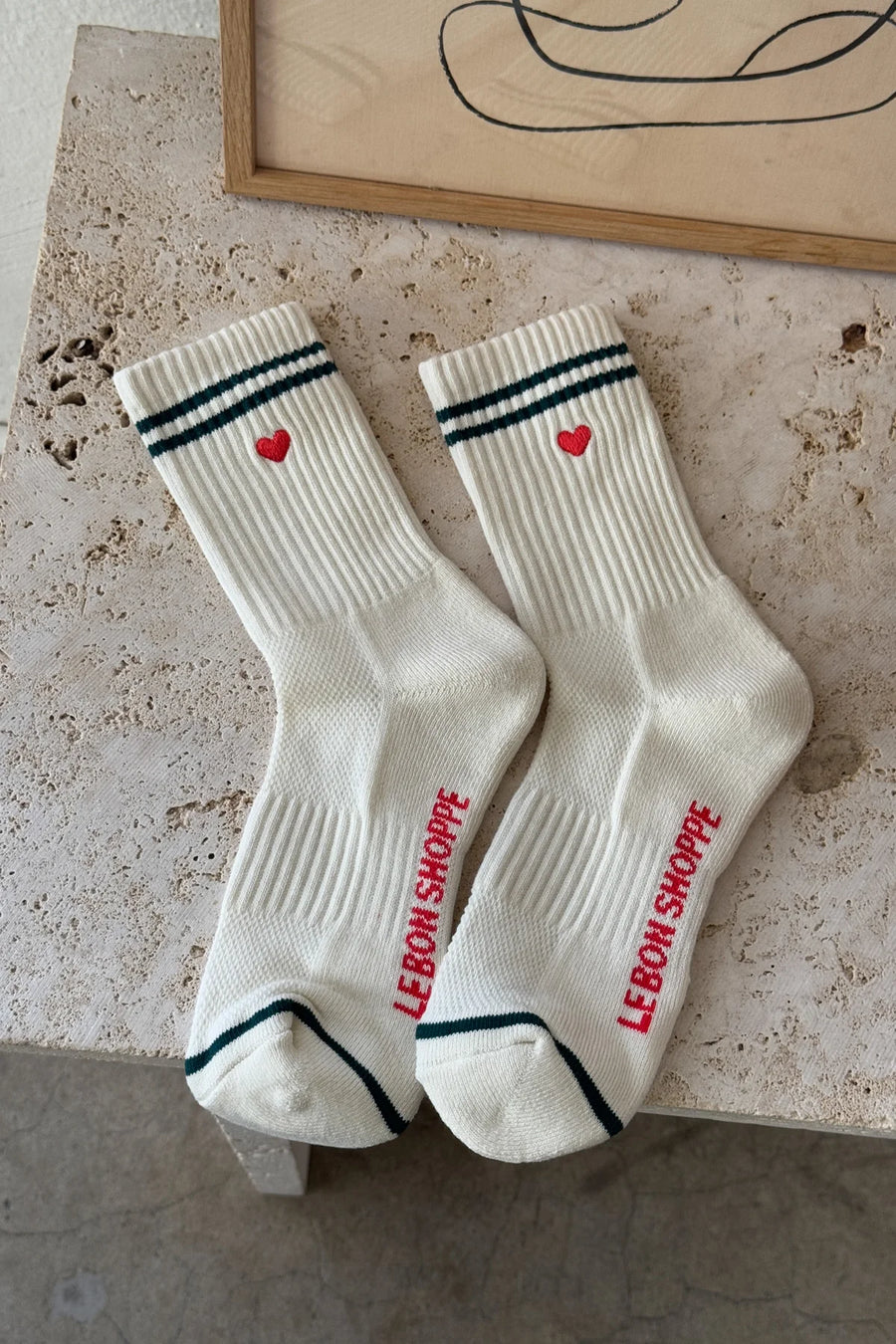 Embroidered Boyfriend Sock, Parchment + Heart