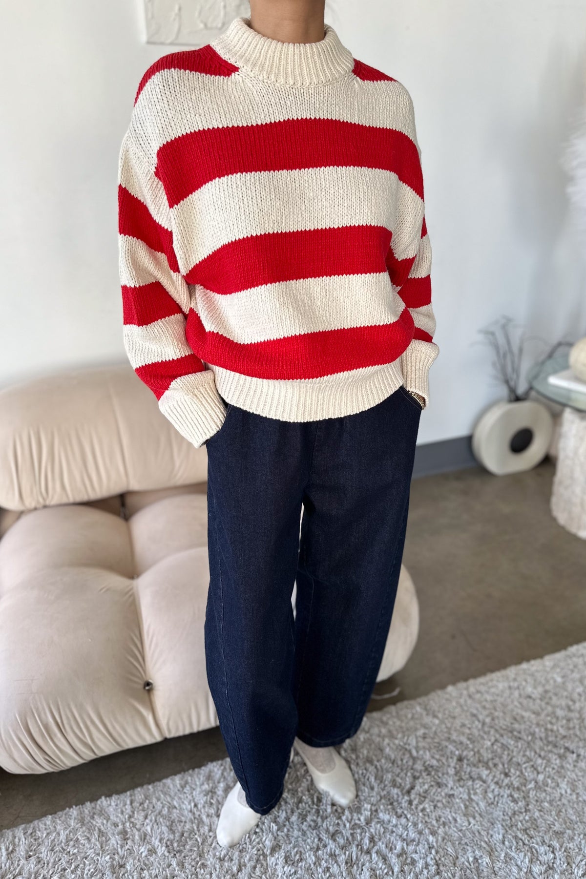 Zoe Cotton Sweater, Red Stripe