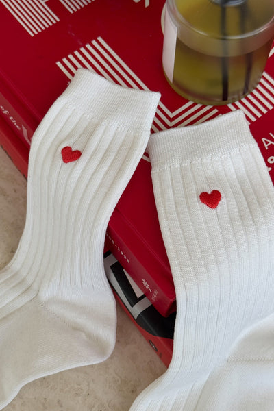 Embroidered Her Socks, Classic White + Heart