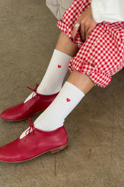 Embroidered Her Socks, Classic White + Heart