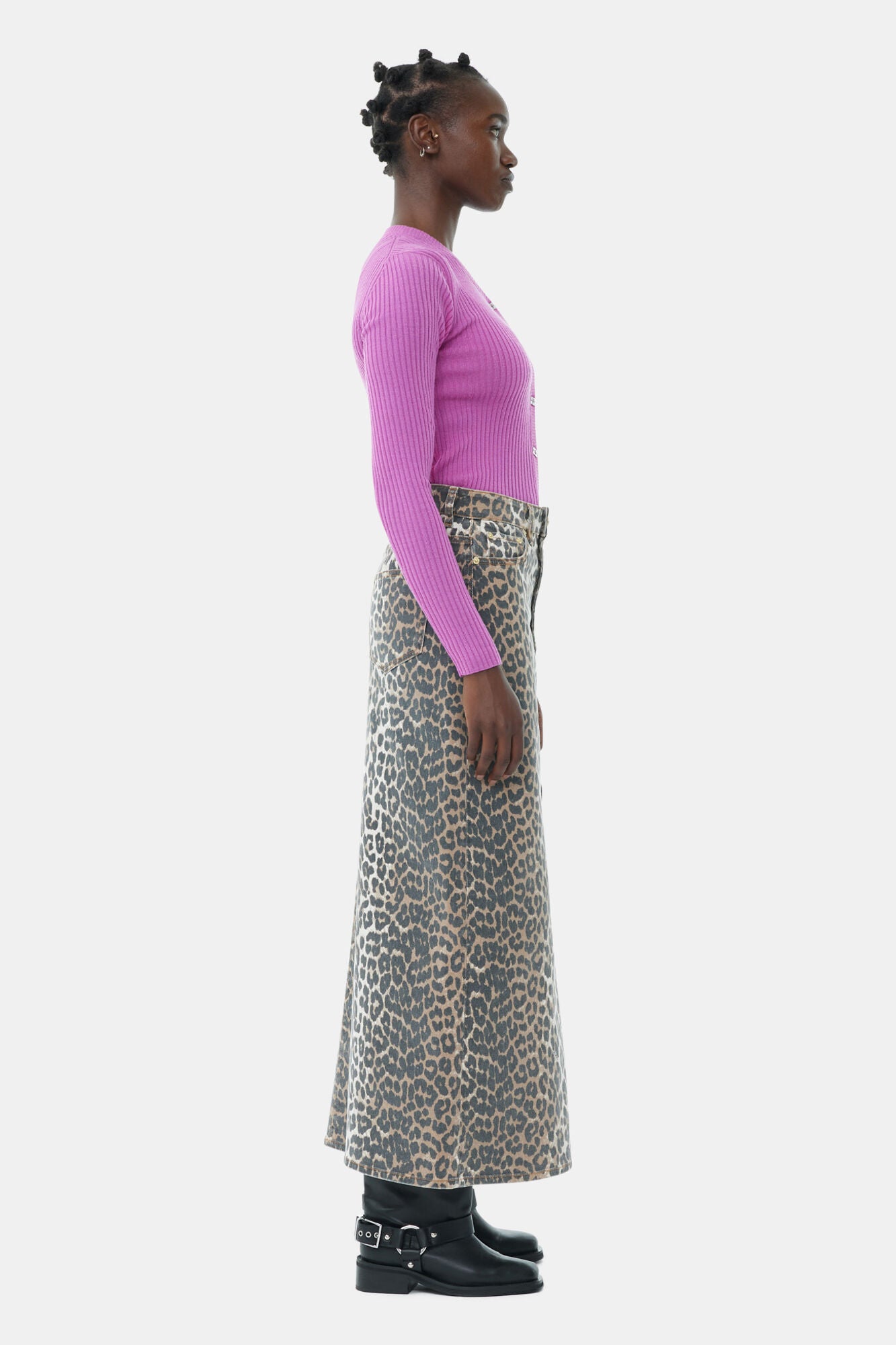 Leopard Denim Maxi Slit Skirt