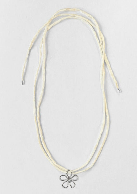 Flora Raw Silk Necklace, Cream Silver