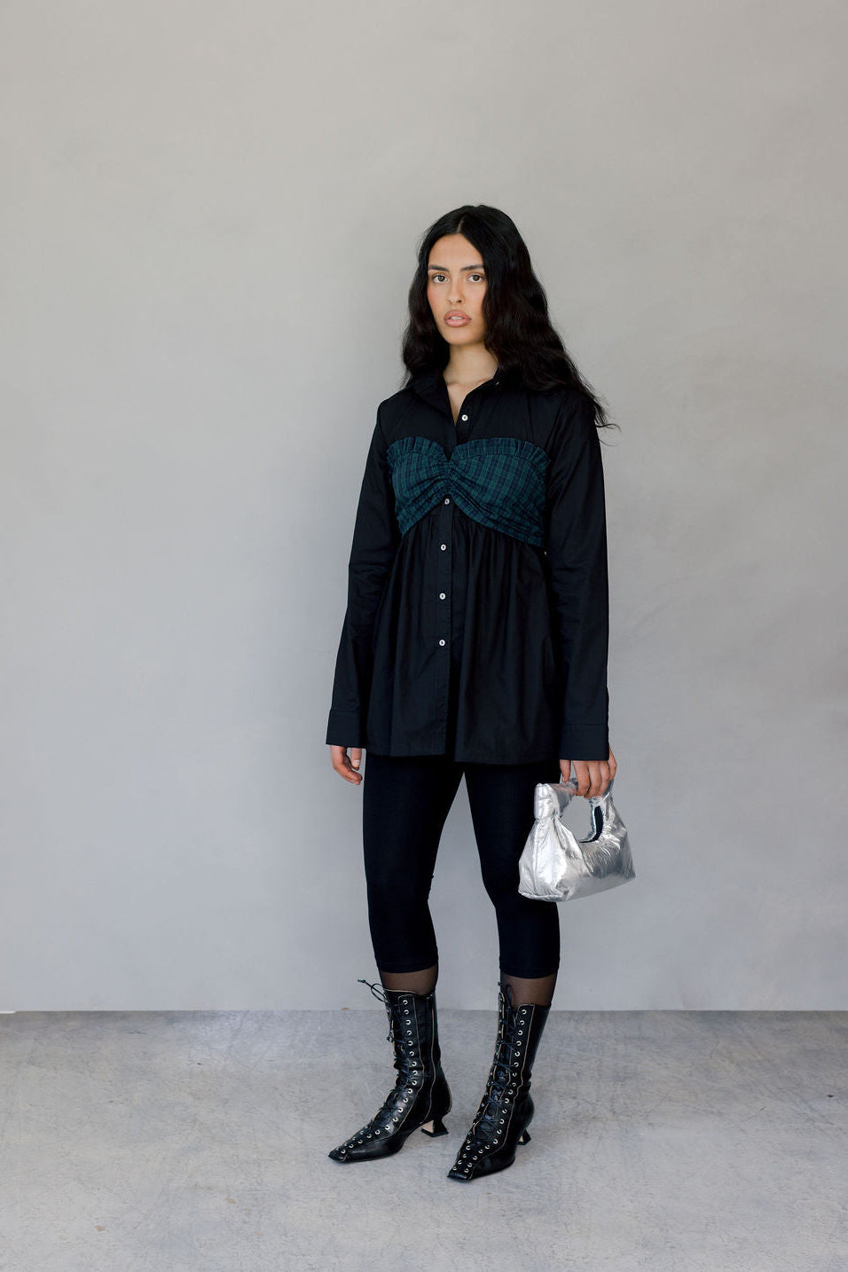 Patti Top, Black Cotton/Tartan