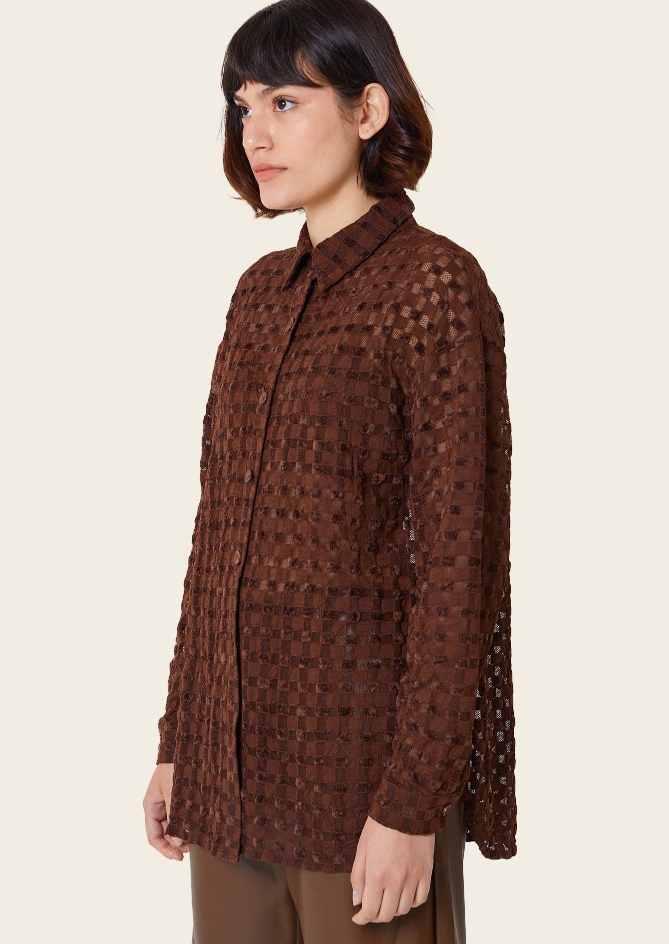 Harmony Checkered Button-Up Mesh Top, Chocolate