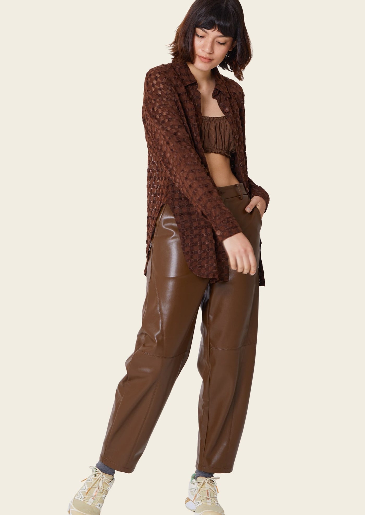 Harmony Checkered Button-Up Mesh Top, Chocolate