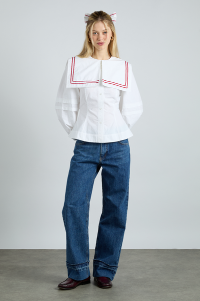 Elise Blouse, White with Red Piping