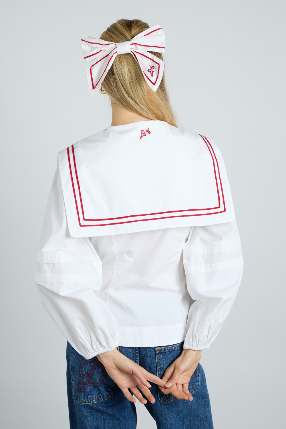 Elise Blouse, White with Red Piping