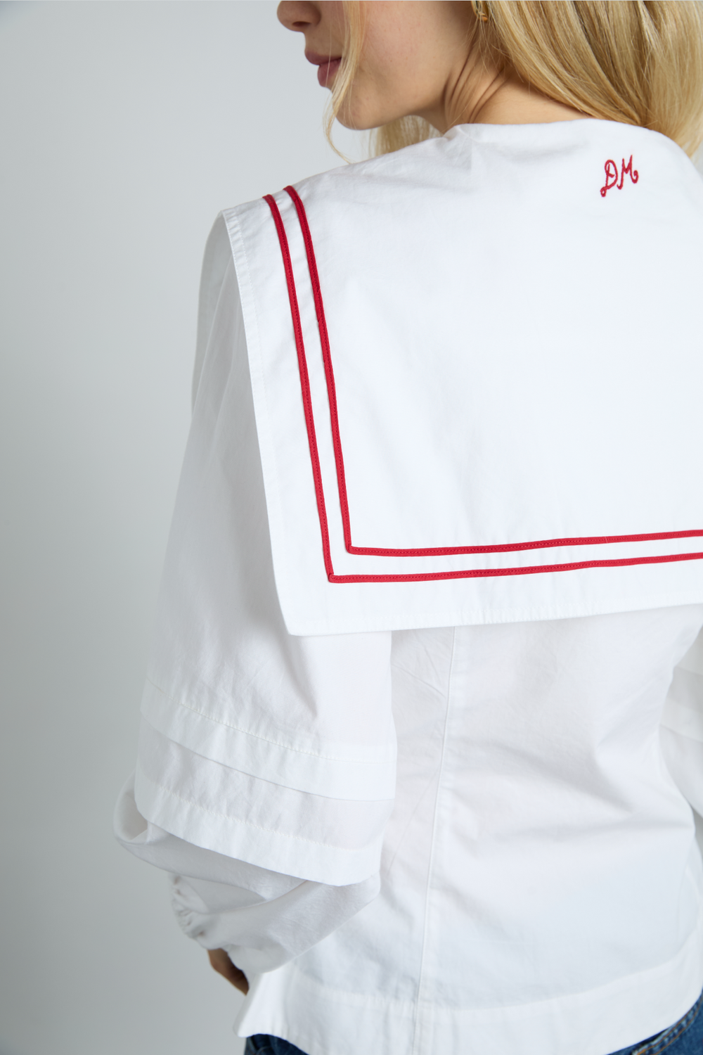 Elise Blouse, White with Red Piping