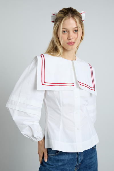 Elise Blouse, White with Red Piping