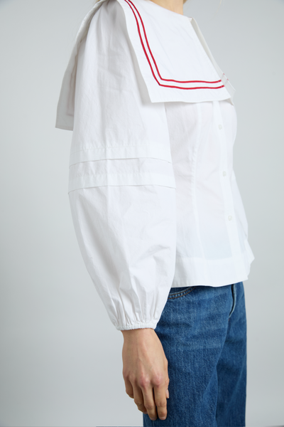 Elise Blouse, White with Red Piping