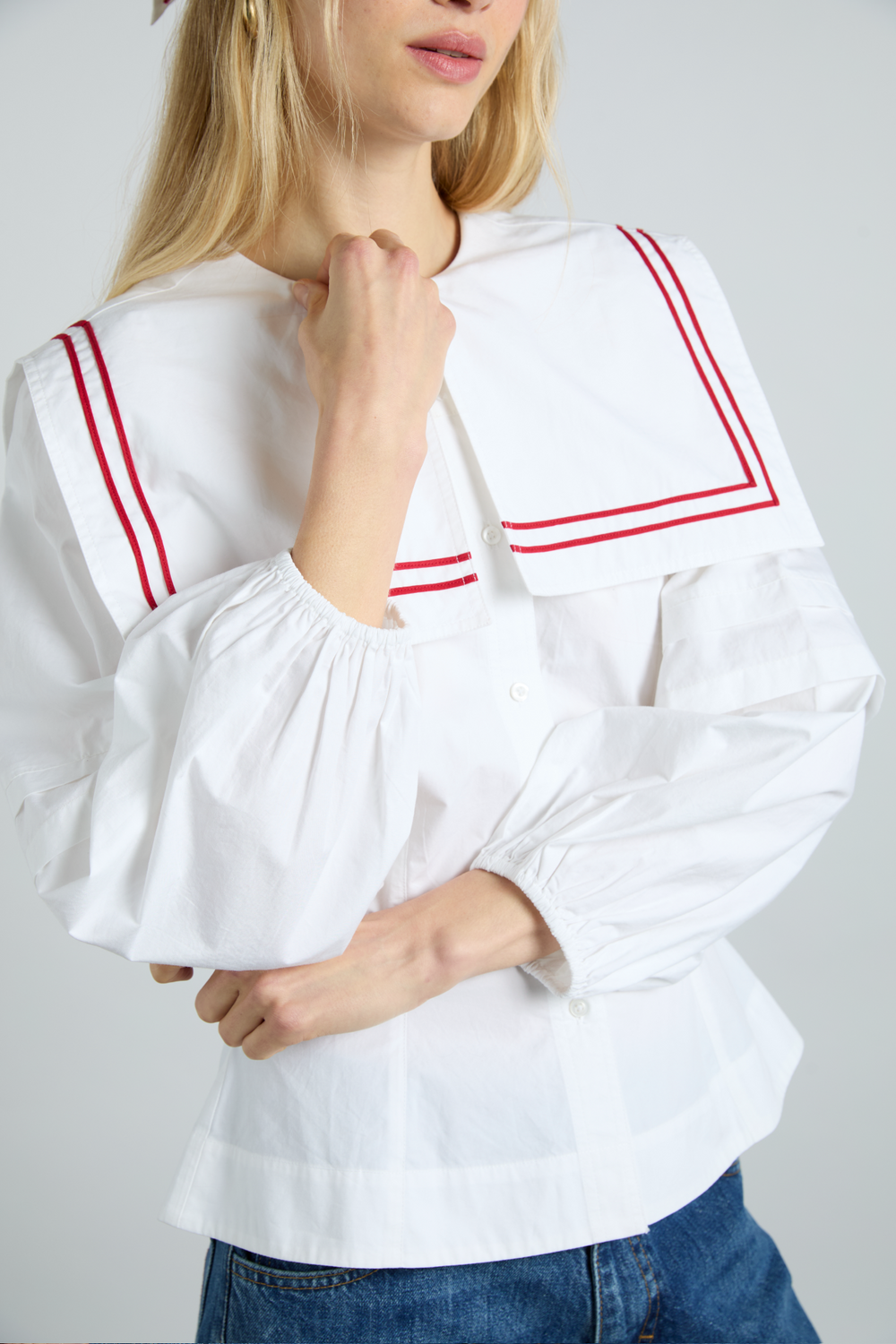 Elise Blouse, White with Red Piping