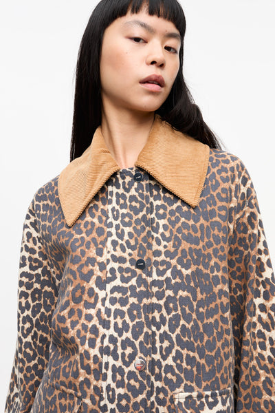 Leopard Printed Canvas Midi Jacket