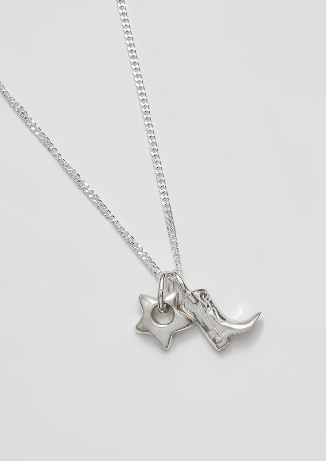 Cowboy Boot & Star Charm Necklace, Silver
