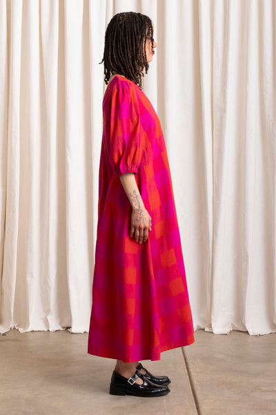 Double V-Neck Maxi Dress, Poppy/Pink Plaid