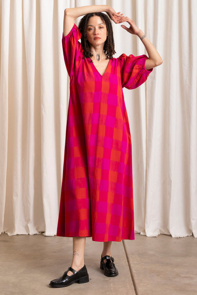 Double V-Neck Maxi Dress, Poppy/Pink Plaid
