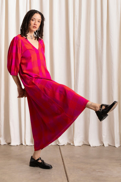 Double V-Neck Maxi Dress, Poppy/Pink Plaid